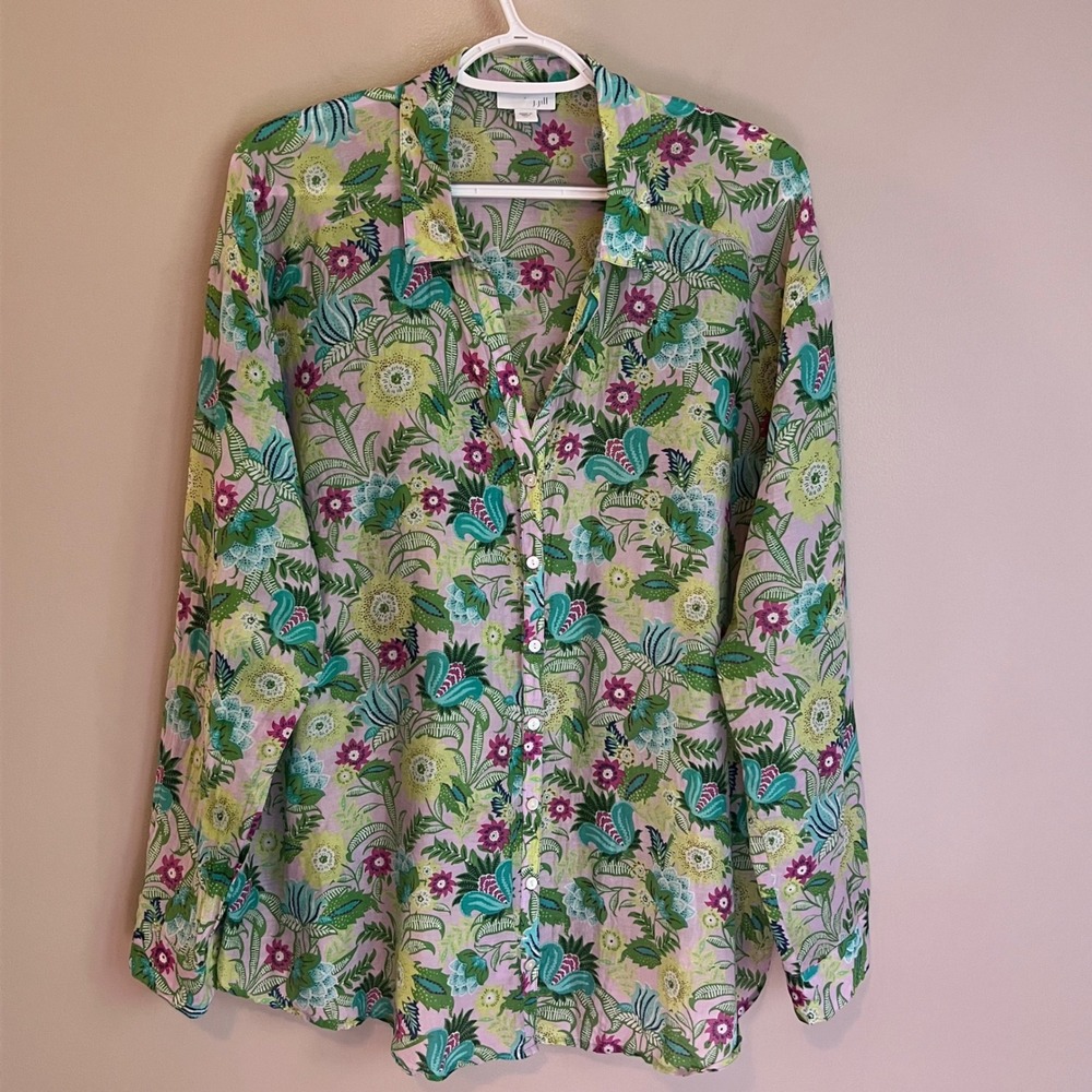 J. Jill Cotton Silk Floral Button Down XL Boho Long Sleeve Multicolor Garden